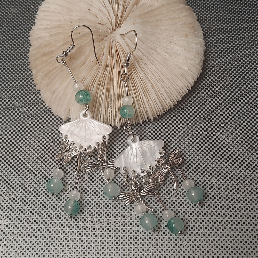 Mother of pearl  jade bead dragonfly earrings